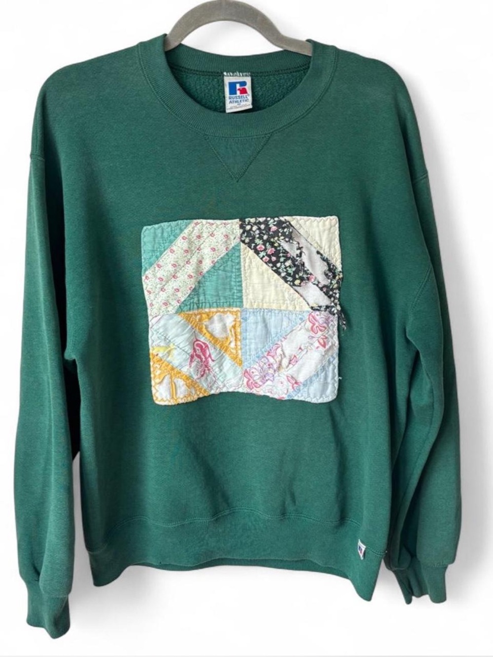 Vintage Russell Athletic USA Quilt Sweatshirt Green Handmade Patchwork Crewneck